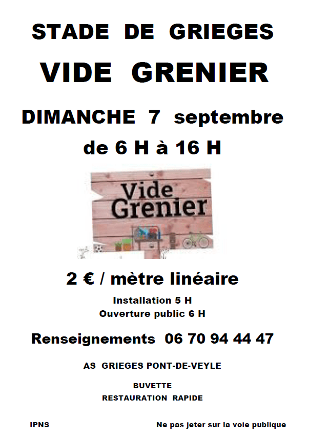 L&rsquo;ASGPV fait son vide-grenier dimanche 7 septembre à Grièges 