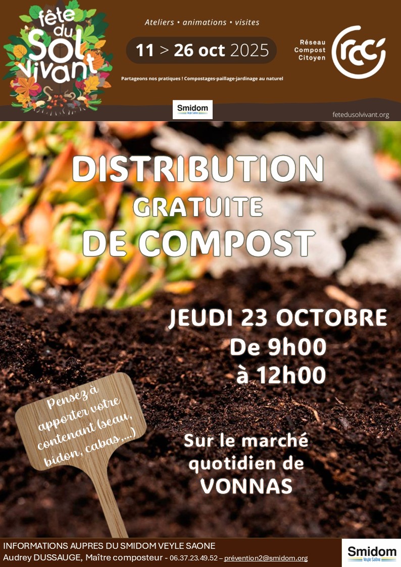 Fête du sol vivant : Distribution de compost jeudi 23 octobre 2025 sur le marché de&nbsp;Vonnas