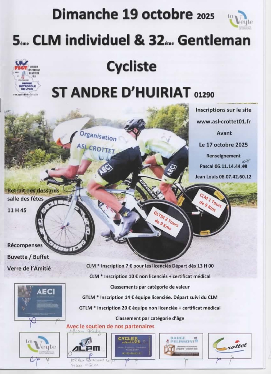 Dimanche 19 octobre 2025, le club ASL Crottet organise ses 32ème gentleman cycliste et 5ème contre-la-montre individuel 