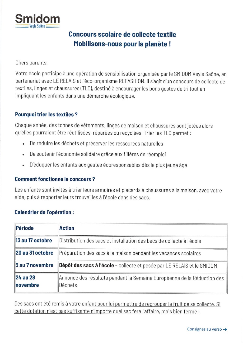 Concours de collecte textile dans les écoles, organisé par le SMIDOM  