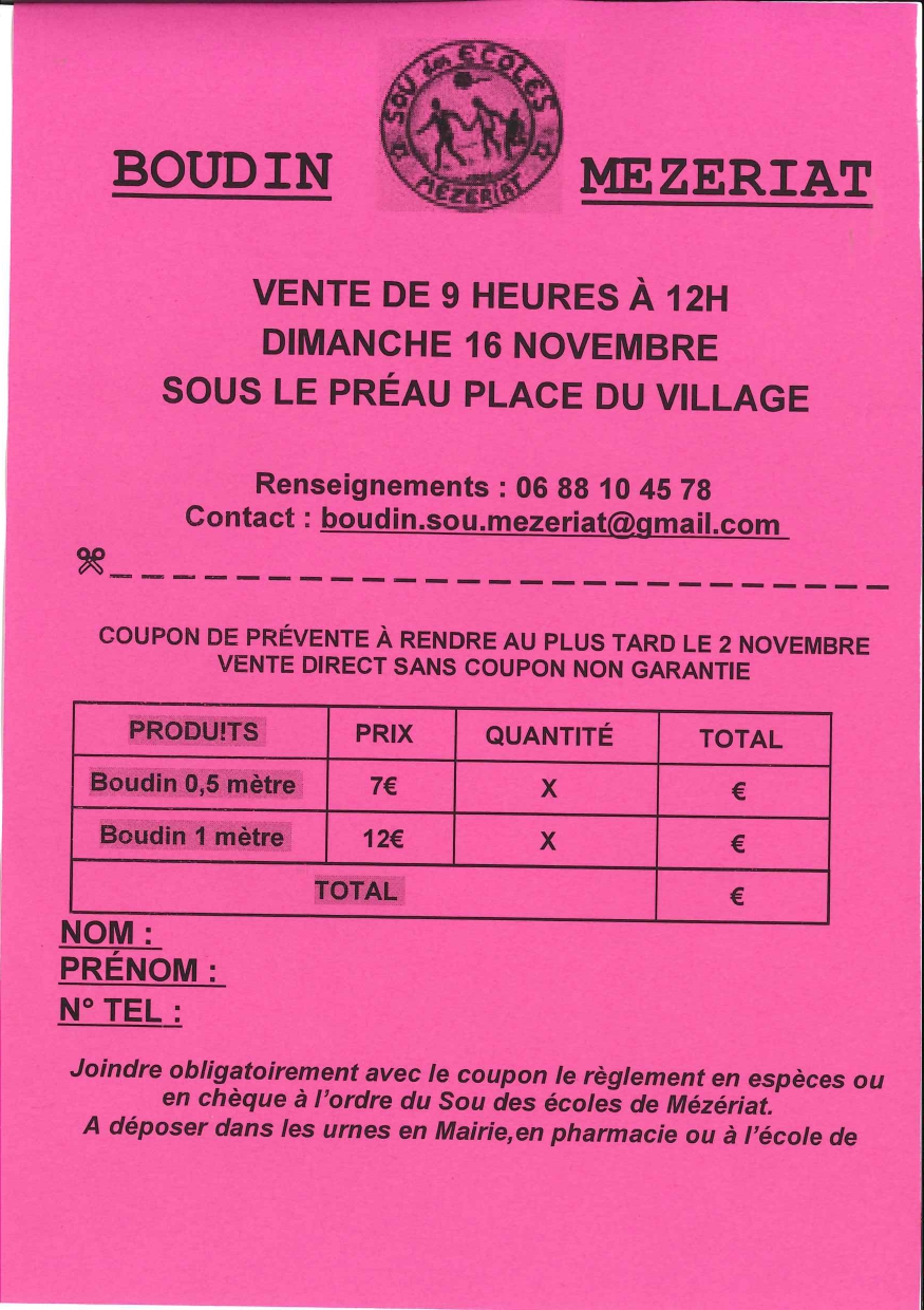 Vente de boudin à Mézériat, à commander avant le 2&nbsp;novembre