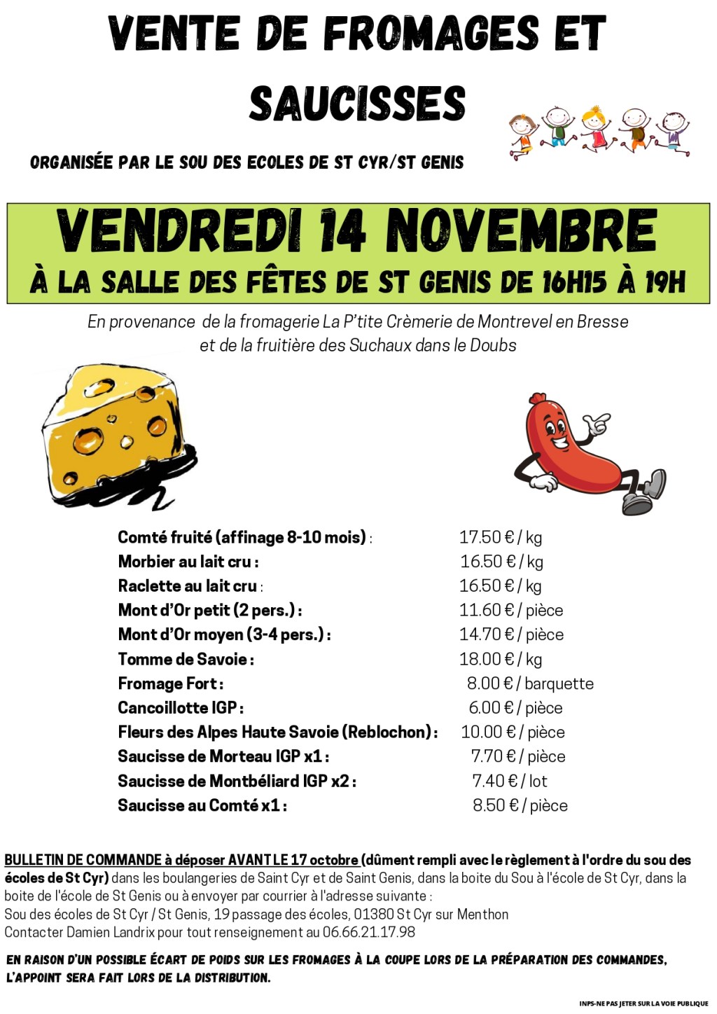 Vente de fromages et saucisses par le sou des écoles de Saint-Cyr-sur-Menthon et Saint-Genis-sur-Menthon : commandez avant le 17 octobre&nbsp;2025