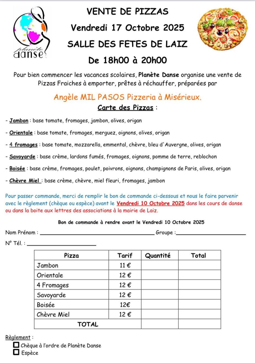 Vente de pizzas par l’association Planète Danse à Laiz : récupérez vos commandes vendredi 17 octobre 2025 