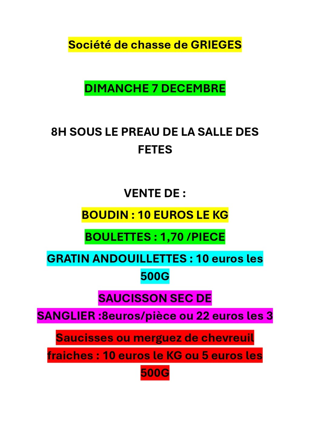 Vente de boudin et de boulettes de la société de chasse de&nbsp;Grièges