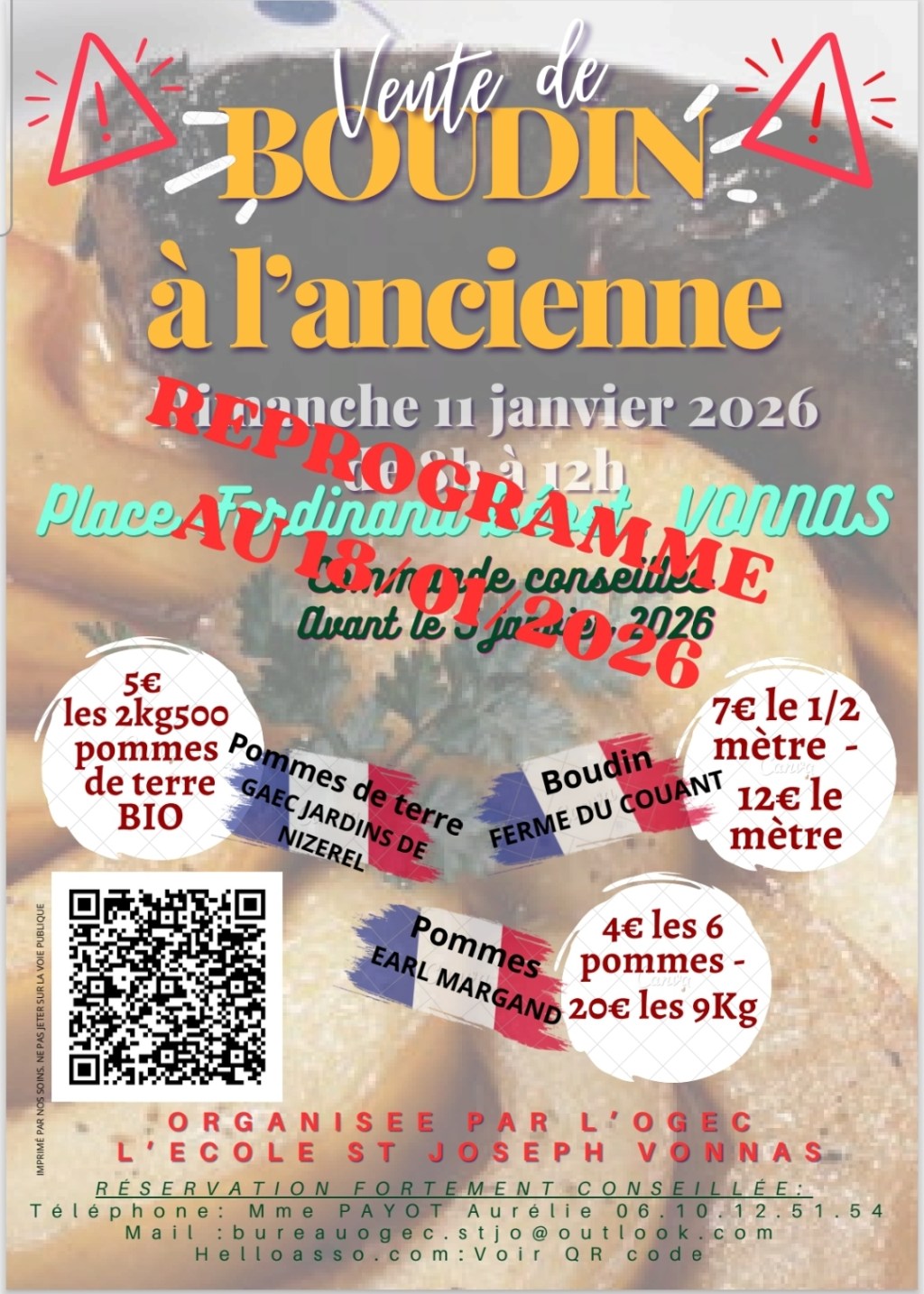 Vente de Boudin au profit de l’école Saint-Joseph de Vonnas : un délai supplémentaire !